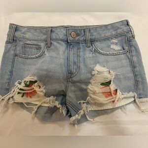 Express Light Blue Distressed Denim Shorts with Floral Insert Size 2